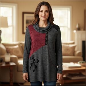 Women's Gray and Red Cowl Neck Sweater